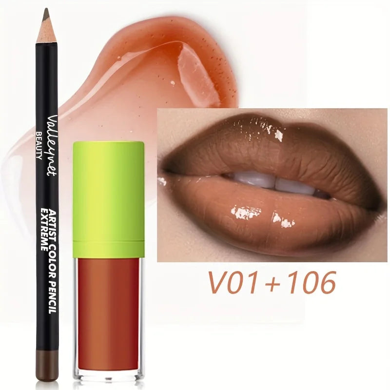 2pcs/Set Lip Gloss & Lip Liner Set Lip Kit Natural Nude Tinted Lip Glow Oil Moisturizing Liquid Lipstick with Lip Liner Combo