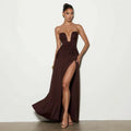 Solid Strapless Ruched High Slit Maxi Dress Draped Flowy Long Evening Gown Sleeveless Formal Women Elegant Party Dress 260702