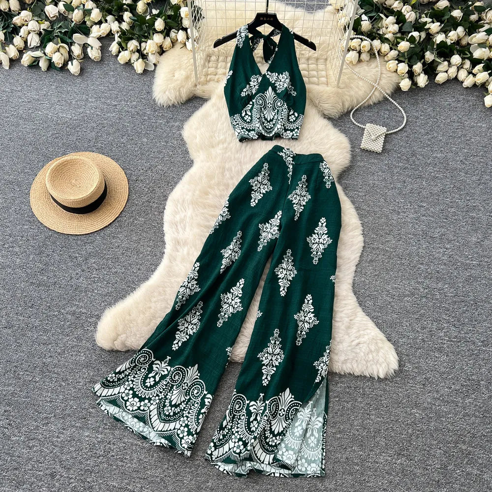 Women's Summer Two Pieces Bohemian Vacation Printed Halter Neck Sleeveless Top High Waist Wide Leg Pants Two-piece Set TP044