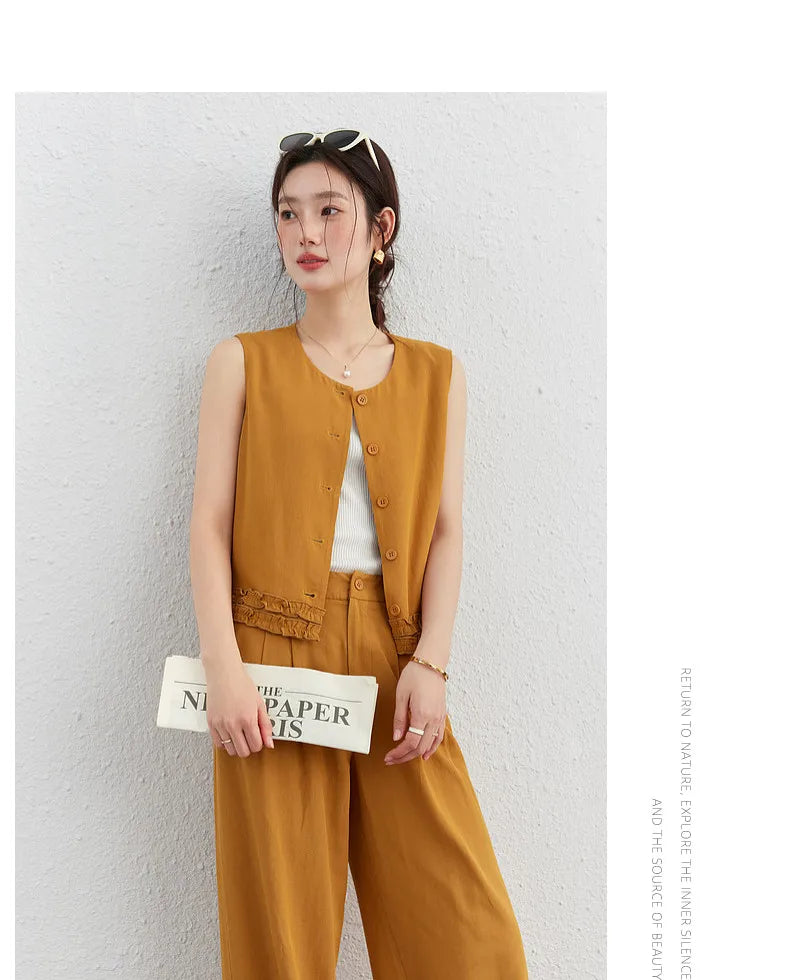 VIMLY Office Two-Piece Set Women 2026 Summer New Fashion Ruffle Hem Cropped Sleeveless Vest Wide Leg Pants Casual Outfit A6153
