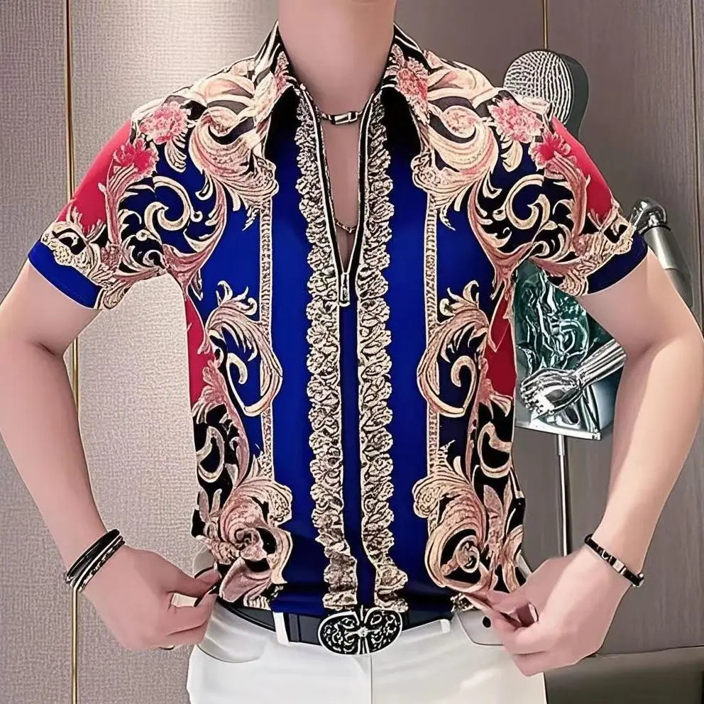 Men Baroque Print Short Sleeve Shirt With Zipper Design Retro Royal Style