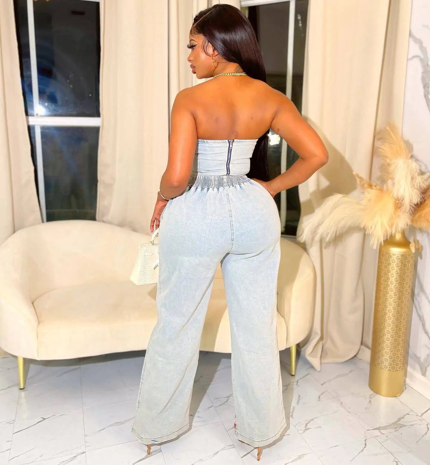 2 Piece Set Women Denim Ensemble Strapless Top Sleeveless Backless Zipper Elastic Waist Jeans Suit Streetwear 2025 Sexy Outfits