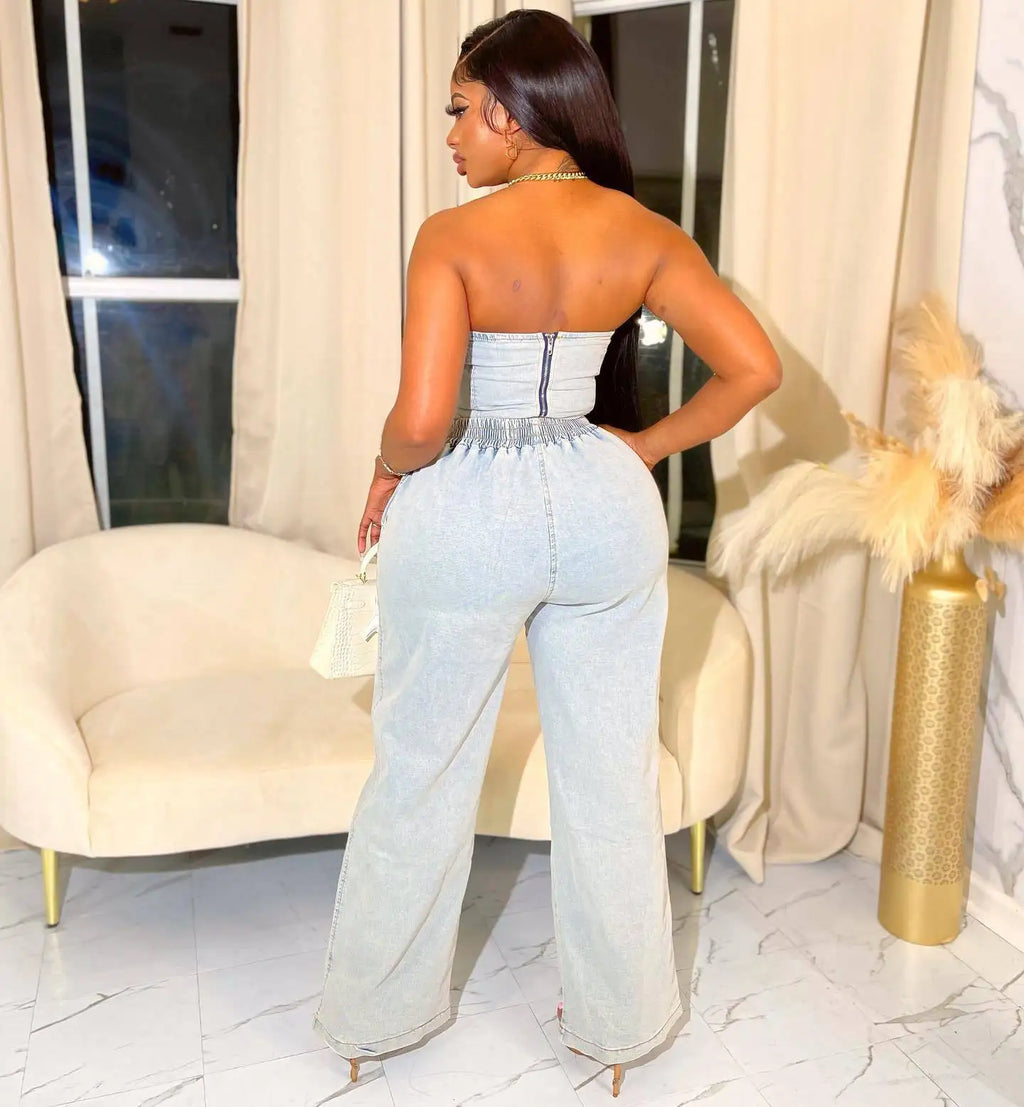 2 Piece Set Women Denim Ensemble Strapless Top Sleeveless Backless Zipper Elastic Waist Jeans Suit Streetwear 2025 Sexy Outfits