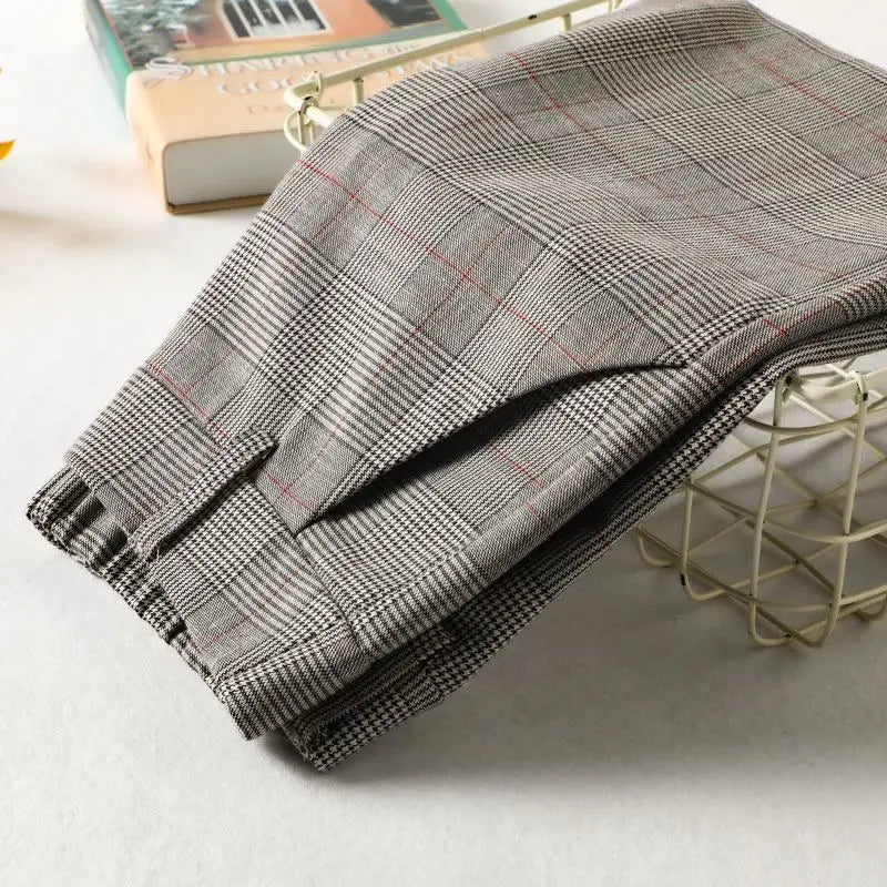 Office Lady Slim Woman Clothing Plaid Suits Pants Spring Autumn New Korean Fashion Vintage High Waist Straight Casual Trousers