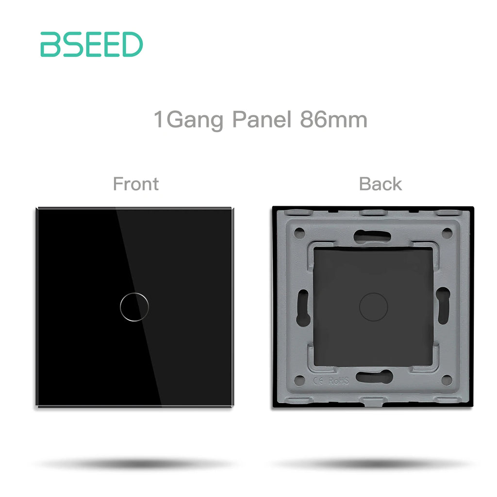 BSEED EU Standard Crystal Glass Panel 86mm For Touch Switches 1/2/3Gang With Metal Frame Wall Light Switch Function Part Only