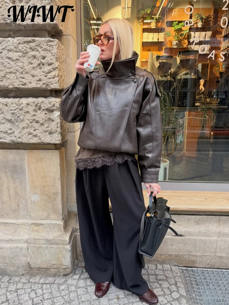 High Street Leather Jackets Women's Casual Double-breasted Turn Down Collar Loose Coats Elastic Waist 2026 Autumn New Outwear