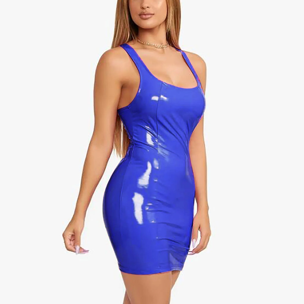 Women's Colorful Leather Dress Zipper PU High Elastic Round Neck Dress Short Skirt Elastic Leather Dress Wrapped Hip Sundress