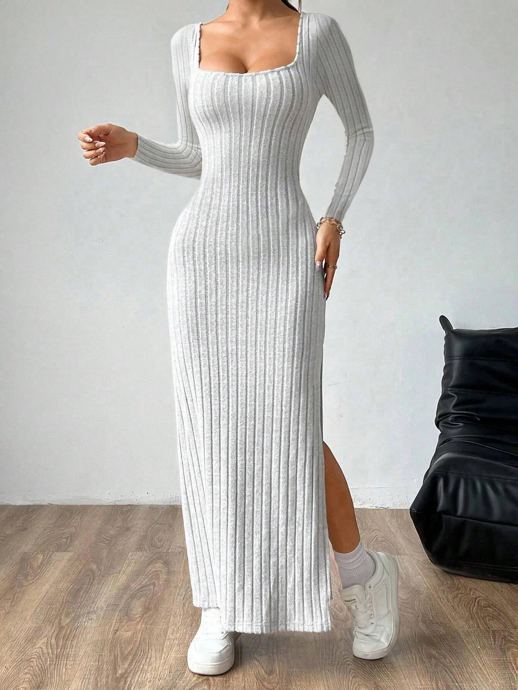 Elegant Women Summer Dress Square Neck Backless Long Sleeve Midi Dress Simple Chic Design