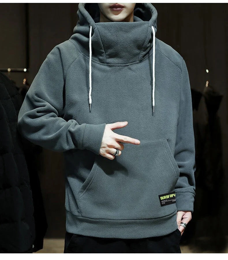 Men's Polar Fleece Sweatshirt Solid Color Street Style Autumn Winter Men Hood Sports Windproof Oversized High Collar Hoodie 5XL