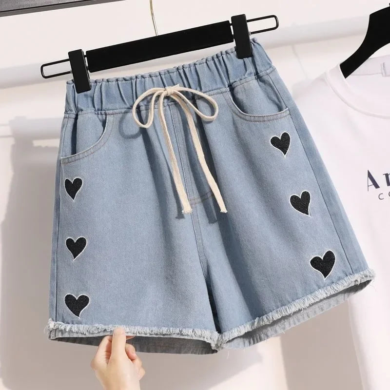 Denim Shorts for Women Korean Style Young College Girls Clothing Summer Elastic Waist Fashion Soft Loose Streetwear Chic Pockets