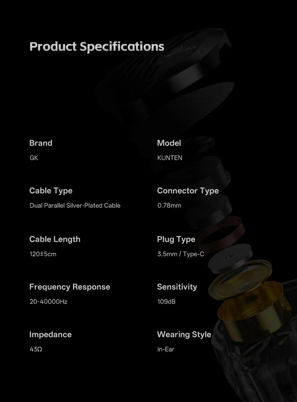 Gk Kunten 1DD Dynamic Drive Earphone Hifi IEMs In Ear Earbuds 2pin Detachable Cable Metal Gamer Headset