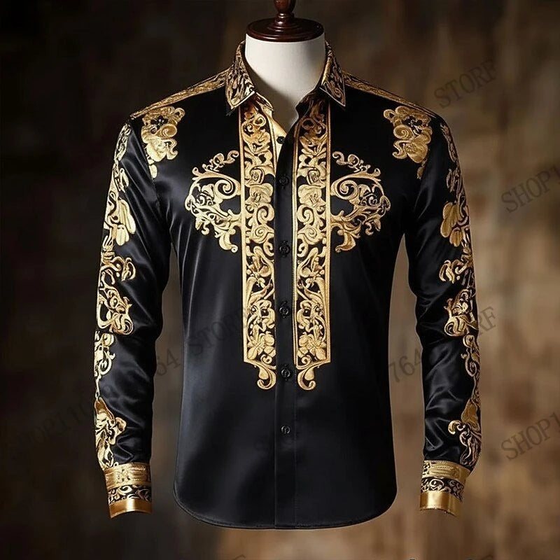 New Men's Leopard Floral Full Sleeve Shirt Golden Ethnic 3 D Print Shirt Men/Women Fashion Luxury Shirts European American Style