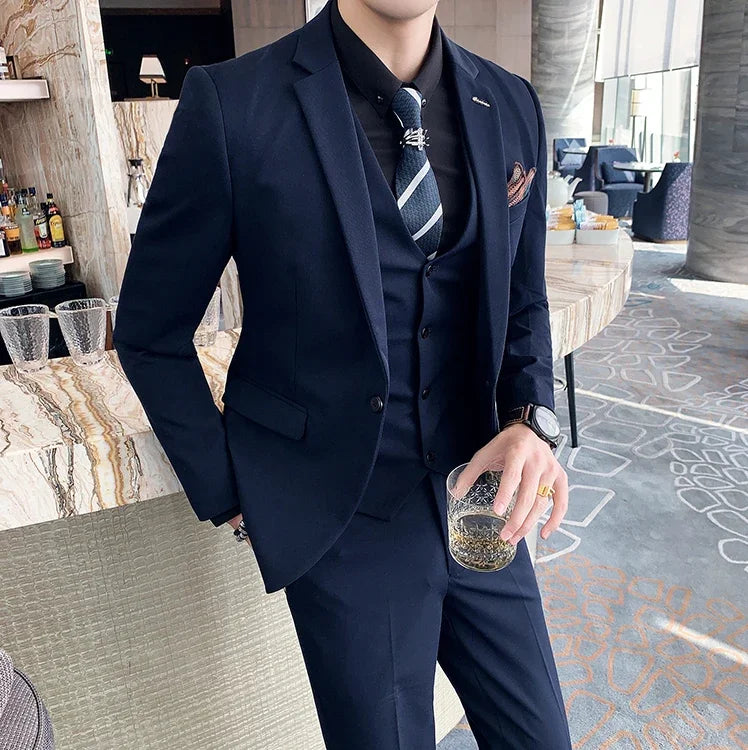 S-7XL ( Blazer + Vest + Pants ) Striped Plaid Solid Color Mens Formal Business Suit 3Pcs Set Groom Wedding Social Show Dress