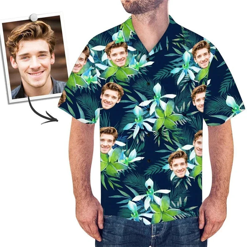 Funy Custom Image Graphic Shirts For Men Clothes Hawaii Diy Photo 3D Print Female Lapel Blouse Personalized Design Short Sleeve