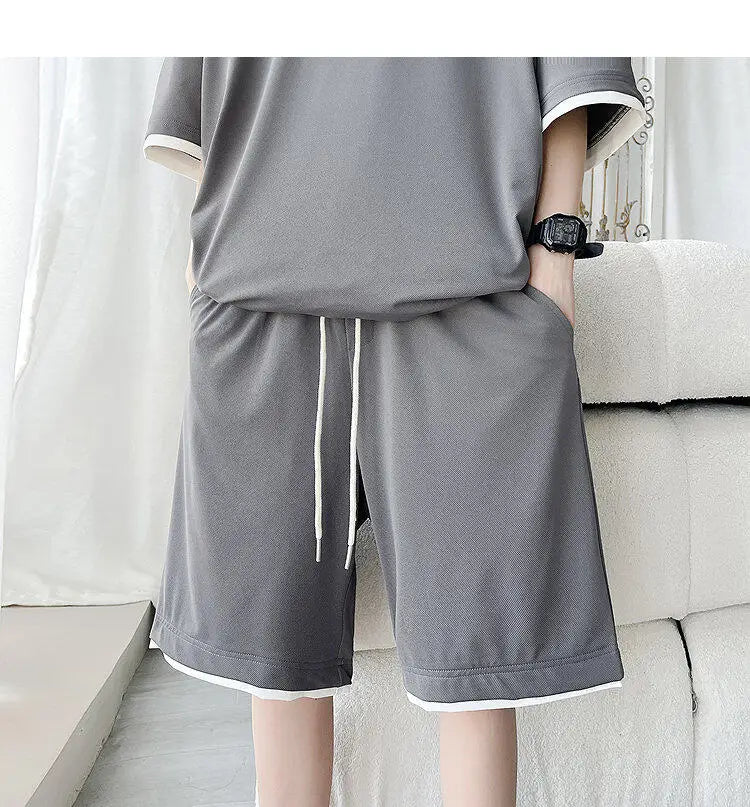 Men's Solid Color 2-Piece Outfit Short Sleeve T-Shirt & Drawstring Elastic Waist Shorts Set Casual Lounge & Streetwear Clothing