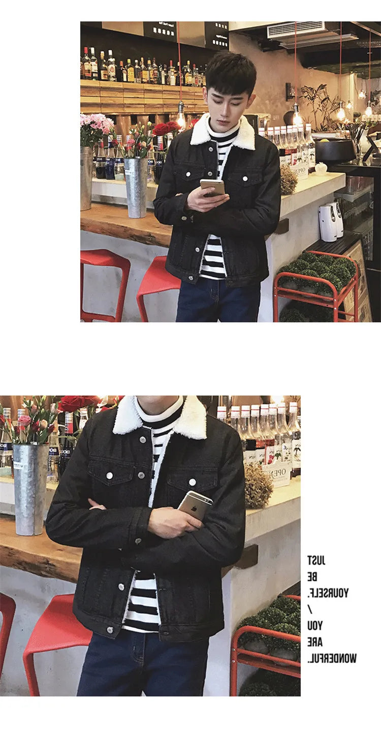 Thickened Fleece Winter Jacket for Men Youth Casual Style Long Sleeve Denim Coat with Stand Collar Button Closure Slim Fit