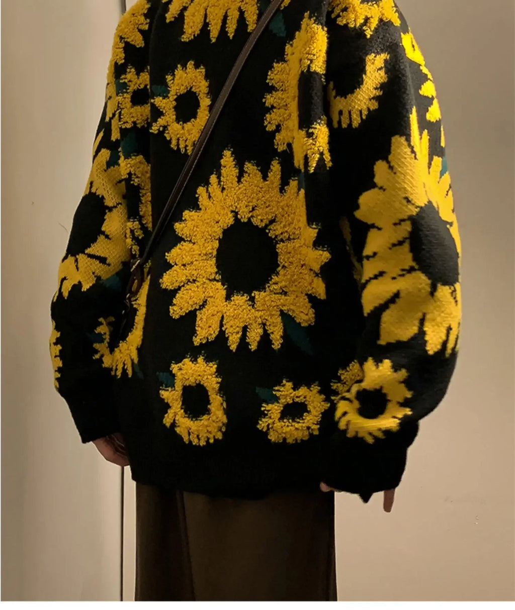 Flocking Floral Sweaters Men Baggy Spring Autumn Japanese Style Retro   High Street Harajuku Knitwear Slouchy Ins