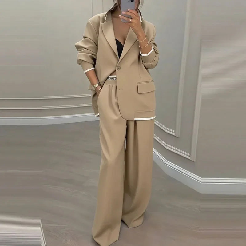 Casual Women's Suit Set Autumn Sexy Turn down Collar Button Blazer & Straight-leg Pants Set Winter Solid Long Sleeve Chic Outfit