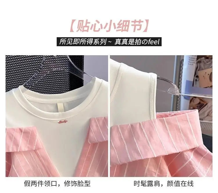 Girls' Western Style Loose Fitting Shirt 2026 New Children's Off Shoulder Top T-Shirt Fake Two-Piece Top