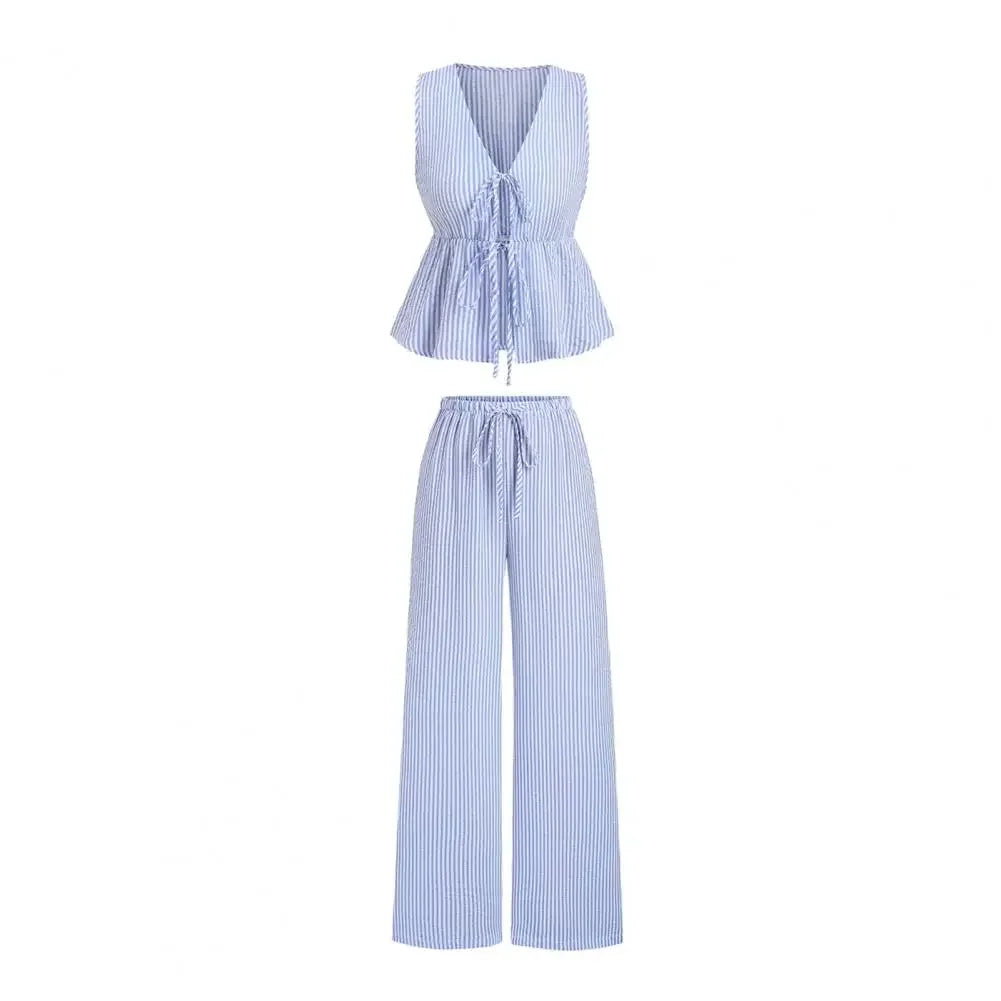 Women's Striped 2 Piece Outfits Tie Front Ruffle Tank Top Loose Fit Women Suit Summer Casual Sleeveless Lounge Sets