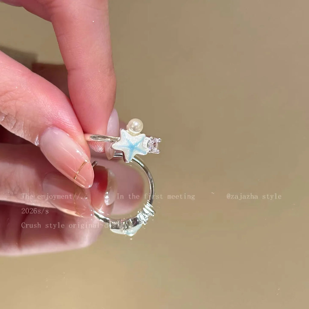 Sweet Blue Starfish Shell Rings for Women Girls Fashion Imitation Pearl Open Rings Summer Ocean Vacation Jewelry Accessories