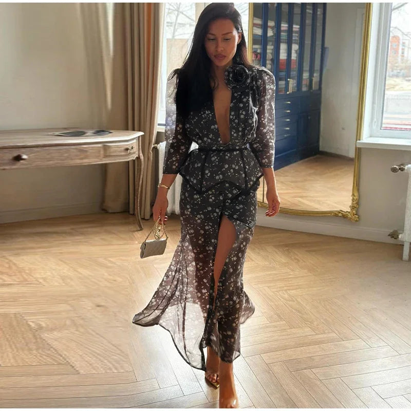 Elegant Printed Women's Dress V-neck Front Split Waist-closed Sashes Wrist Sleeve Gauze Dresses 2026 Summer Chic Female Robe