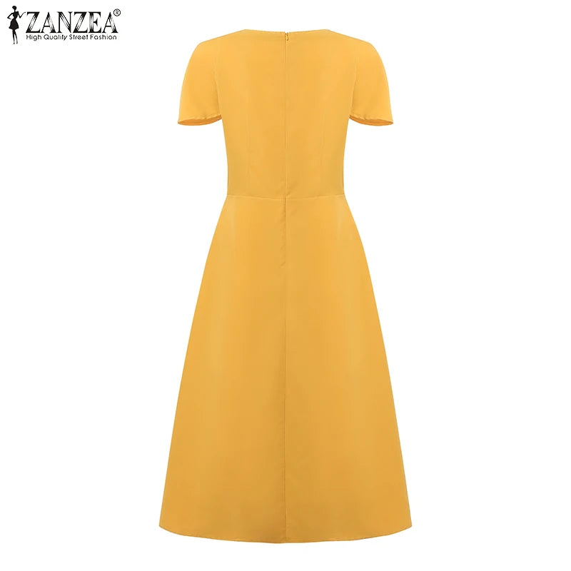 ZANZEA Elegant Chic Women A-Line Dresses Summer Fashion Square Neck Short Sleeve High Waisted Midi Robes Femme Office Vestidos