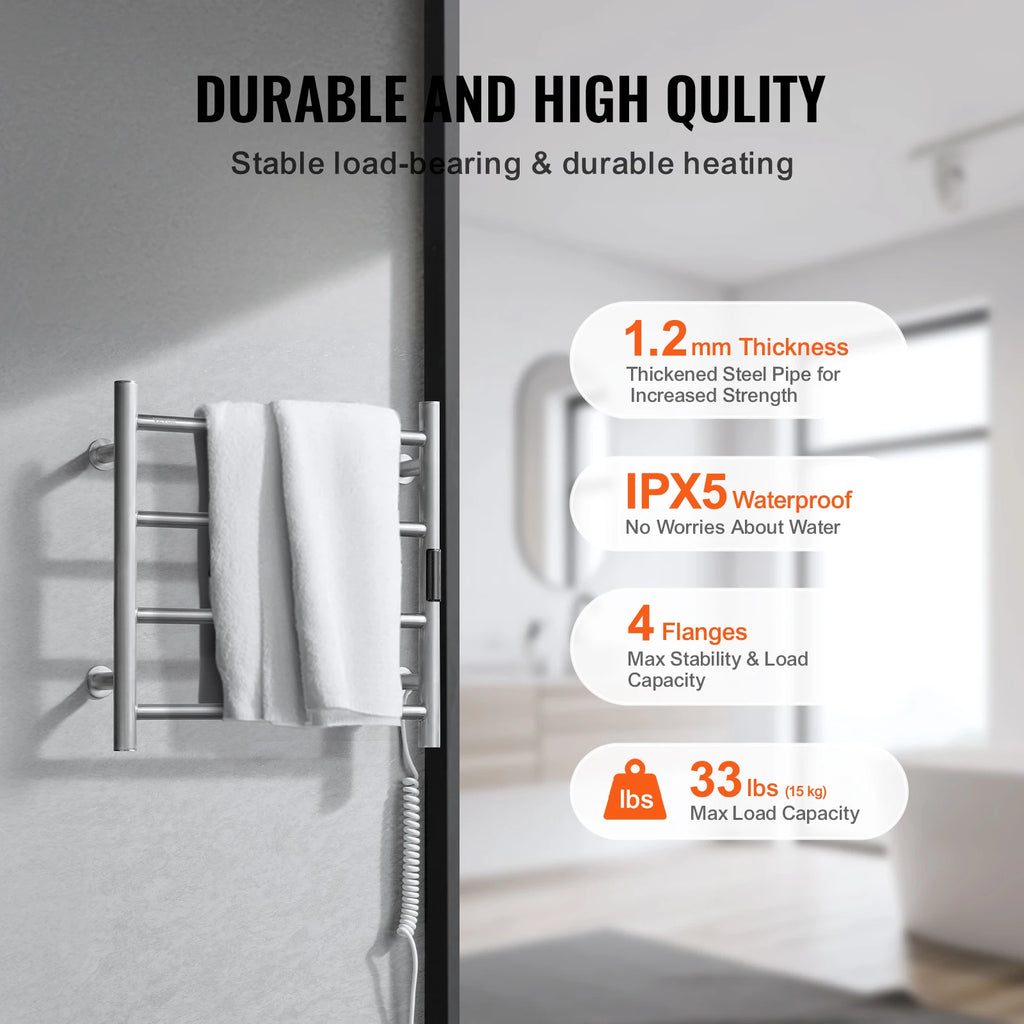 SucceBuy 4/6/8/10 Bars Towel Warmer Rack Wall Mounted Heated Towel for Bathroom IPX5 Waterpoof 5 Levels Temperature Towel Heater