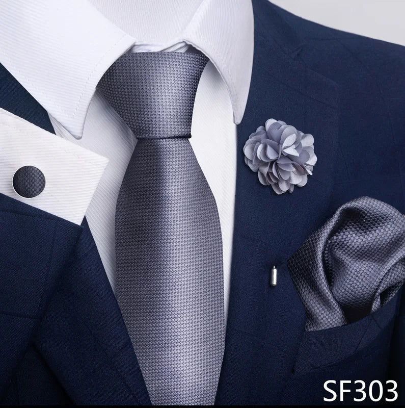 Hot Sale Luxury 8 Cm Blue Floral Ties Pocket Square Cufflinks Brooch Set For Man Suit Accessories Holiday Gift Fit Formal Party