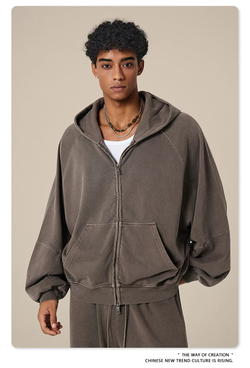 ZODF Heavy Wieght 480gsm Washed Cotton Boxy Zipper Hoodies For Man Unisex Retro Patchwork Off Shoulder Hooded Coats HY1152
