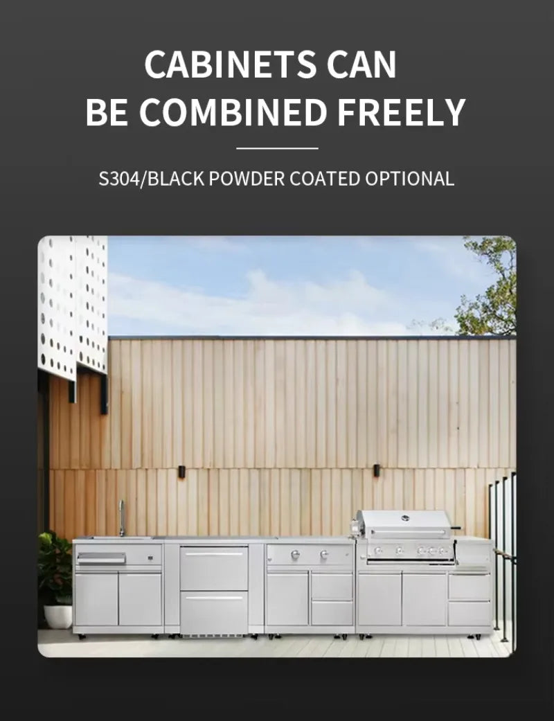 Luxury Outdoor Kitchen Island Set with Built-in Gas BBQ Grill, Pizza Oven & Storage Drawers Prefabricated Patio Cooking Station
