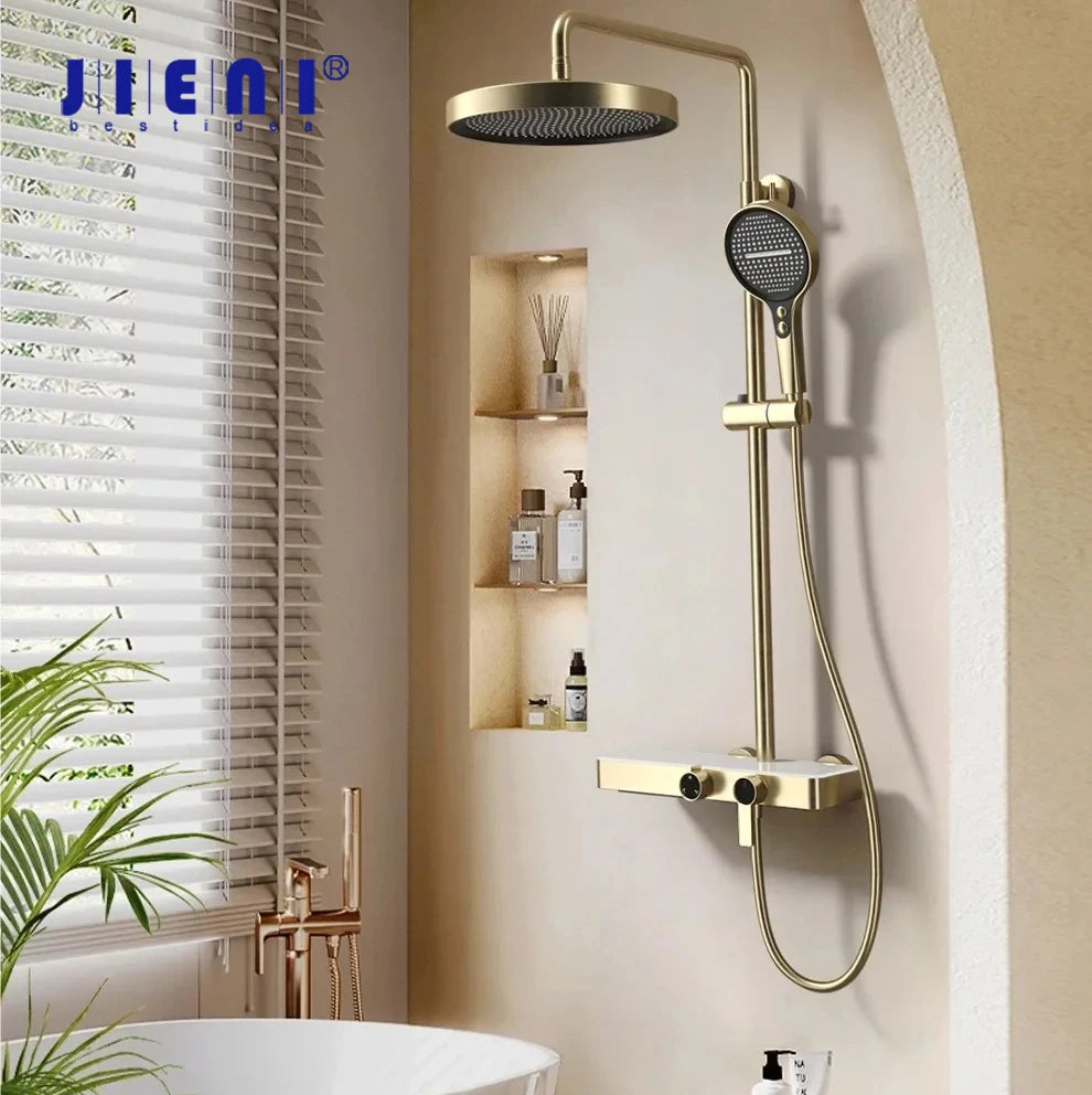 JIENI Brushed Gold Bathroom Shower Set Rainfall Hot And Cold Control Multifunctional Bath Shower Faucet System W/ Hand Shower