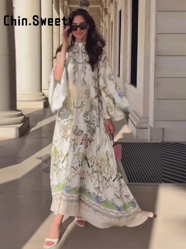 Elegant Women's Printed Long Dresses Loose O-neck Flared Half Sleeve Big Hem Wide Female Dresses 2026 Summer Lady HolidayRobes