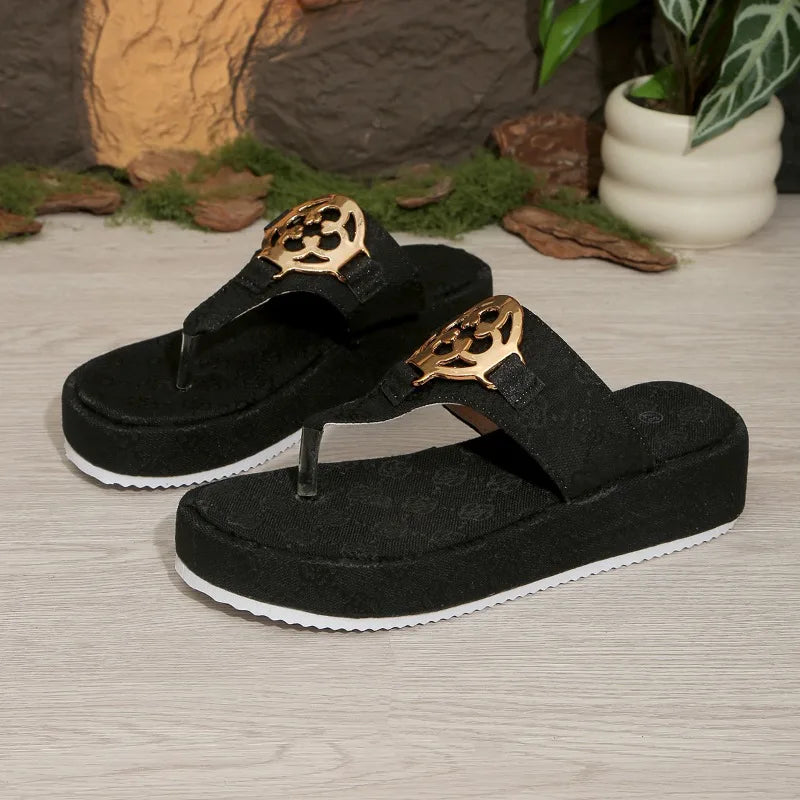 Women Flip-flops Fashion Platform Cool Slippers Summer Open-toe Beach Slippers Retro Embroidered Metal Buckle Designer Slippers