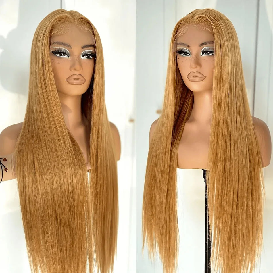 200 Density 27 Honey Blonde HD Lace Frontal Human Hair Wig 13x4 HD Transparent 30 Inch Straight Hair Lace Front Wig Pre-Plucked Pre-Trimmed Lace Frontal Wig