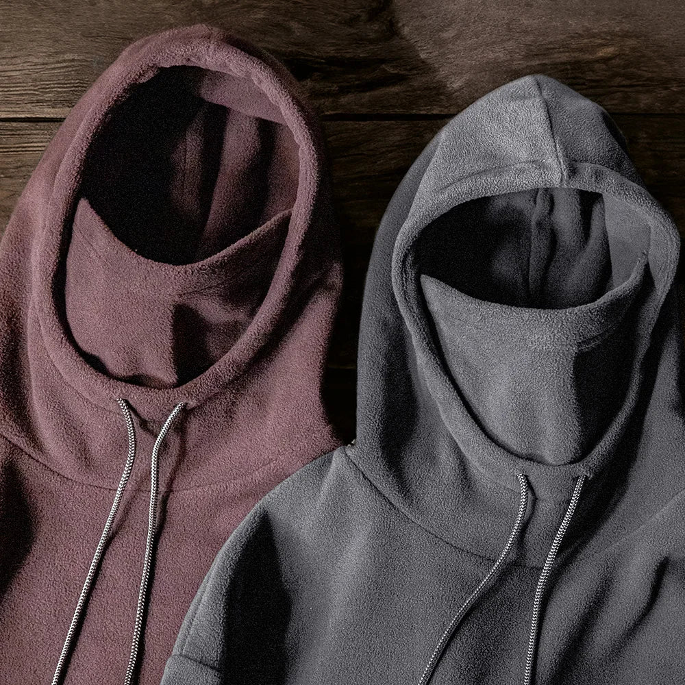 Maden Casual Polar Fleece Hooded Sweatshirt Solid Color Windproof Pullover with Face Mask Warm Tops for Men's Fall and Winter