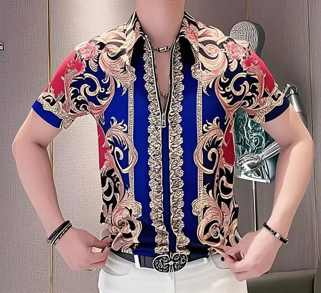 Men Baroque Print Short Sleeve Shirt With Zipper Design Retro Royal Style