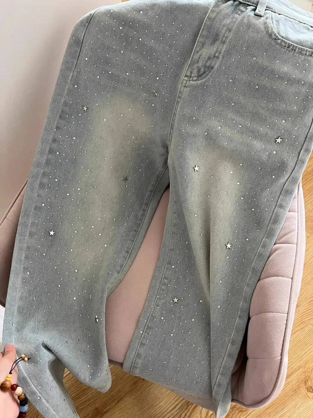 Four Seasons New Fashion Women's Light Blue Wide Leg High Waist Loose Casual Trendy Jeans Female Diamond Studded Denim Trousers