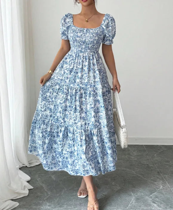 Spring and Autumn Women's Square Neck Short Sleeve Long Skirt Fresh Printed Casual Fashion Slight Backless Temperament Dress