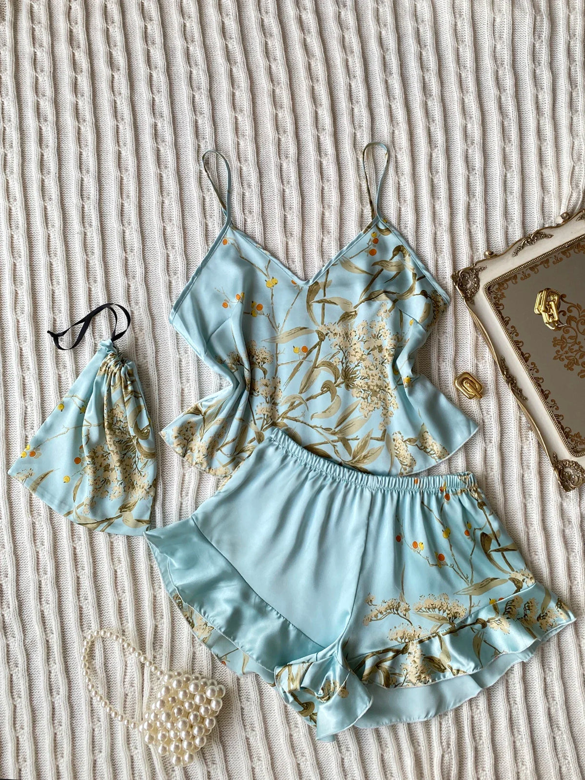 Summer Elegant  Print Cami Tops Ruffle Hem Shorts Pajama Set  Women's Sleepwear V Neck Strap Loungewear