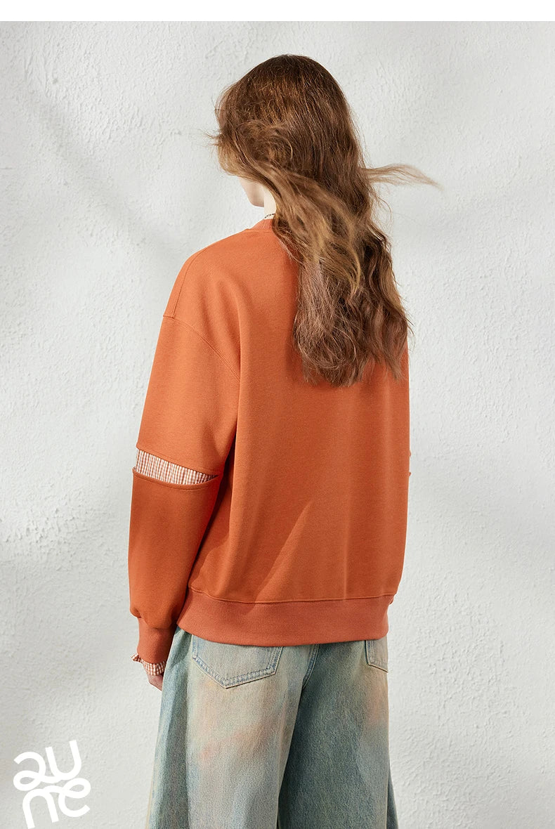 TOYOUTH Women's Sweatshirt 2026 Autumn New Loose Deconstructed Faux Two-Piece Plaid Dachshund Print Vintage Pullover Top