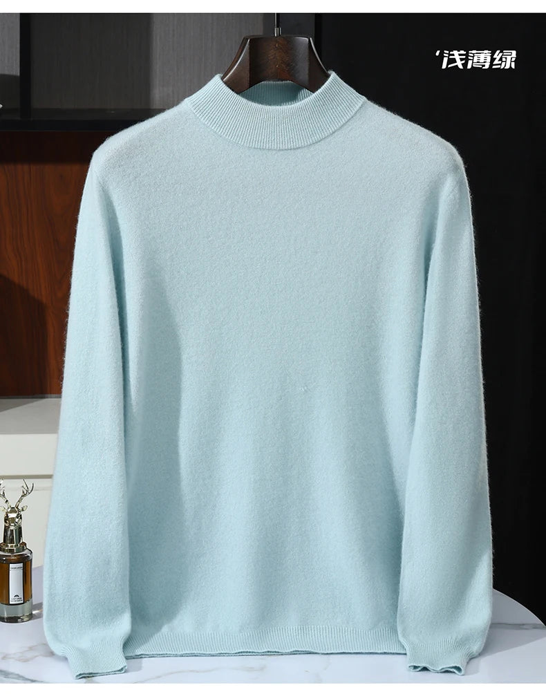 Autumn/Winter Men's 100% Pure Cashmere Pullover Business Casual Solid Knitted Sweater Loose Half High Neck Tops Thick Jumper