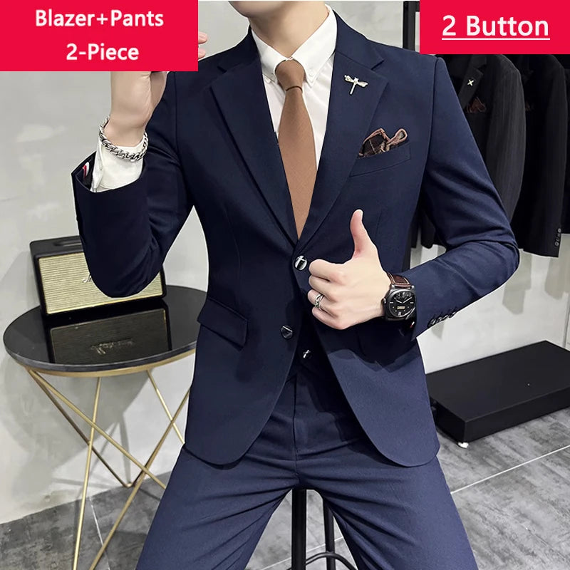 Blazer Vest Pants Men's Navy Blue Suit Set Slim Fit Blazer Vest Pants Formal Outfit for Business Wedding Office Groom Party