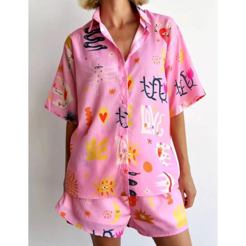 Women Summer Fashion Shorts Sets Retro Print Sleeve Shirt Shorts Suit New Casual Loose Female Beach Vacation Shorts 2 Piece Set