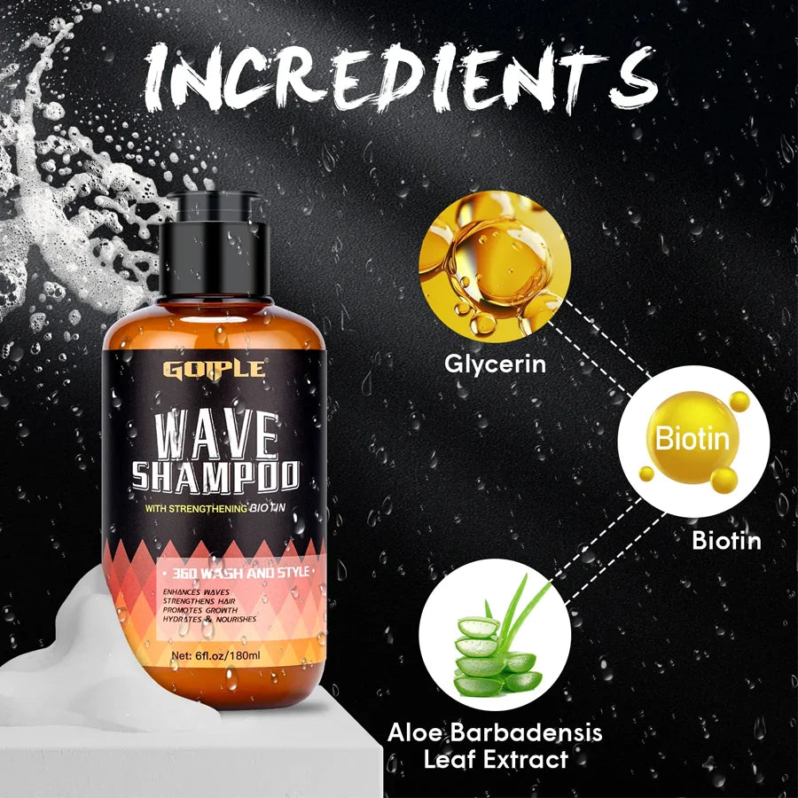GOIPLE 180ml Wave Shampoo Deep Clean or 113g 360 Style High Shine Hair Pomade Strong Hold Layered Control Wavy Wax Cream for Men