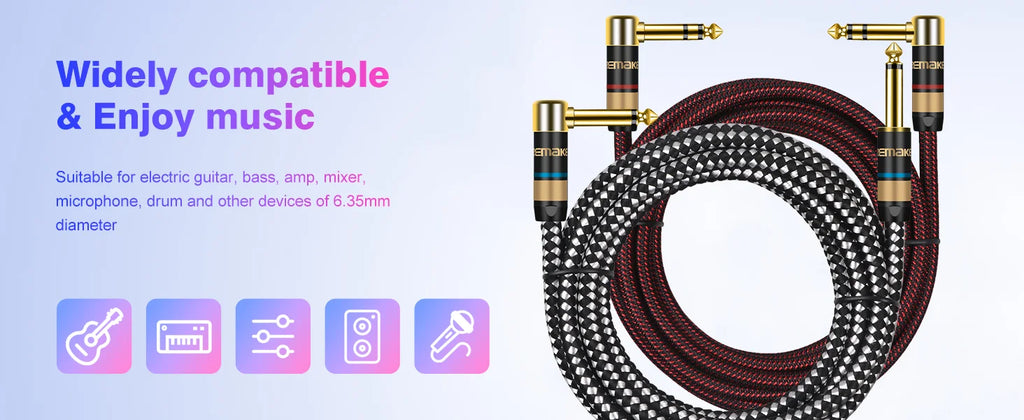 DREMAKE Premium 6.5mm to 6.5mm Guitar Audio Cable Mono 6.35mm Quarter Inch Male to Male Instrument Patch Cord for Bass E-Piano