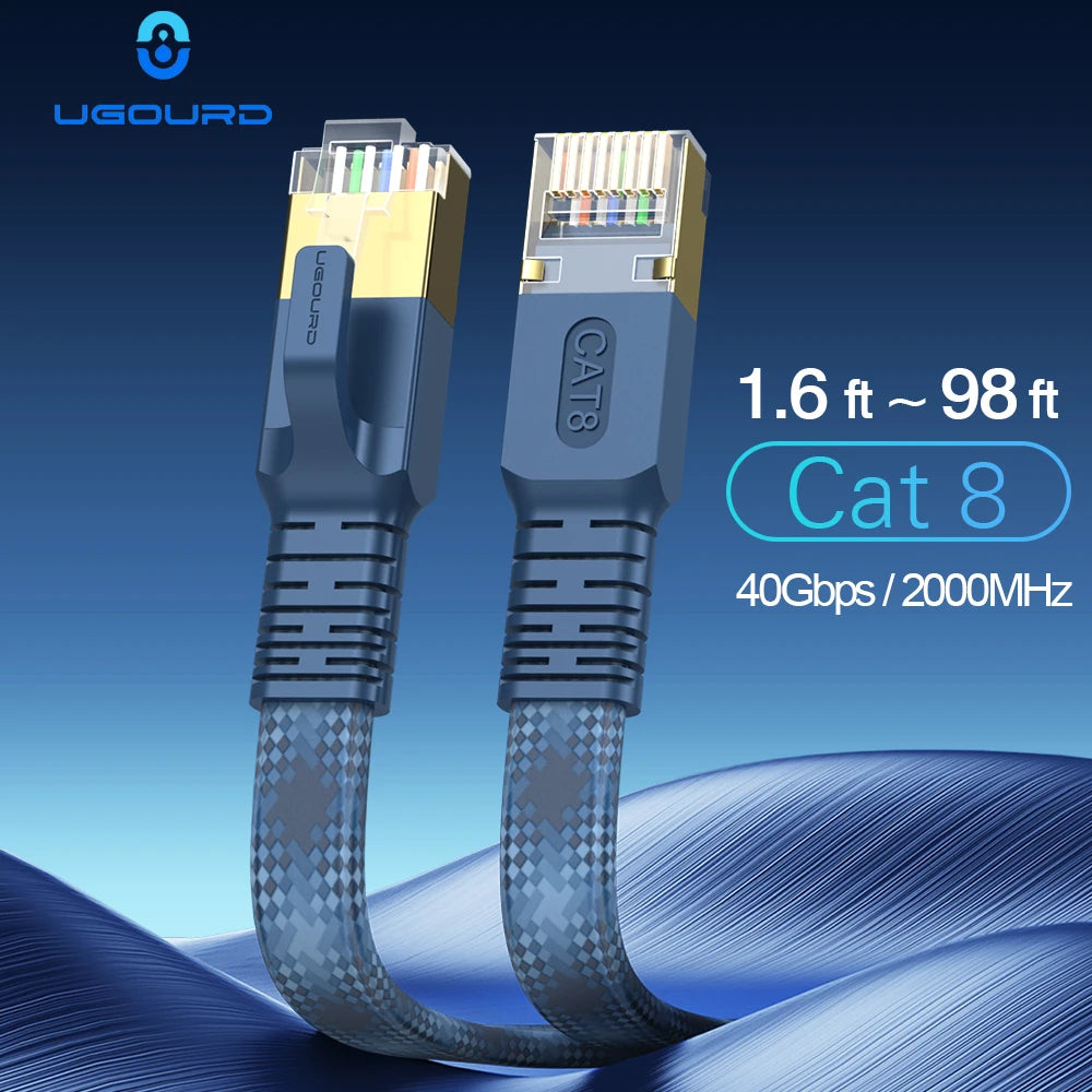 CAT 8 Flat Network Internet Cable 40Gbps 2000MHz Round RJ45 Nylon Braided LAN Cable Patch Cord for Modem Router PC PS4/5/6 Xbox