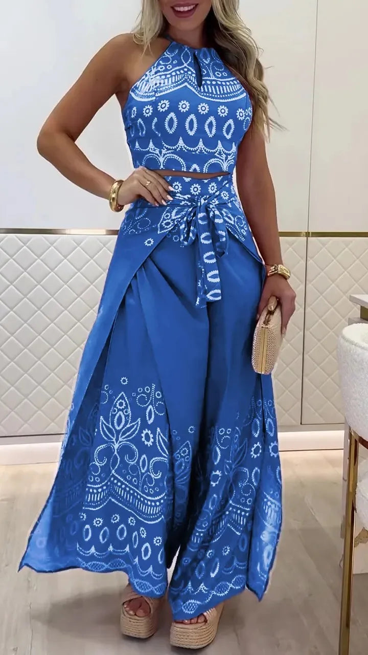 Women's Printed Sleeveless Top And Wide Leg Pants Two Piece Set Slimming Comfort Versatile Vacation Commute Ethnic Style Outfit