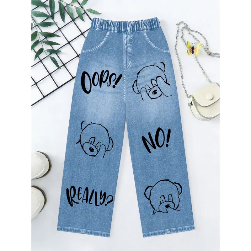 2026 Children's Cute Shy Bear Light Blue Imitation Jeans Children's Soft and Playful Funny Girls' Casual Style Long Pants