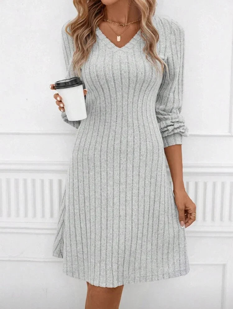 Solid Color Long Sleeve Knitted Ribbed Women Mini Dress Winter Warm V-neck Pit Stripe Dresses Casual Party Vacation New Clothes